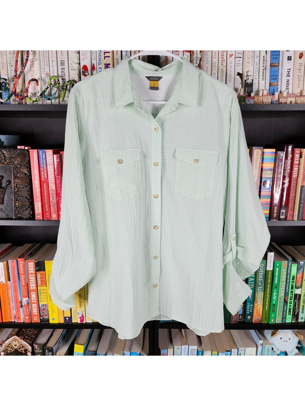Eddie Bauer Women's XL Mint Green Gingham Button Front Shirt Roll Tab Sleeves